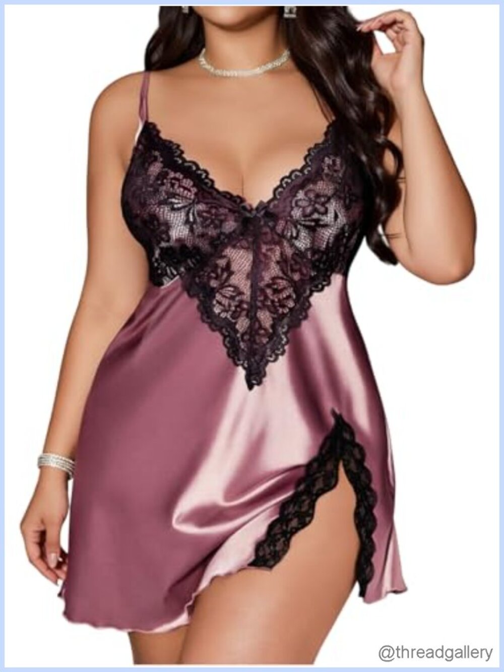 Satin Lace Chemise V Neck Mini Babydoll Nightgown Side Slits Sleepwear